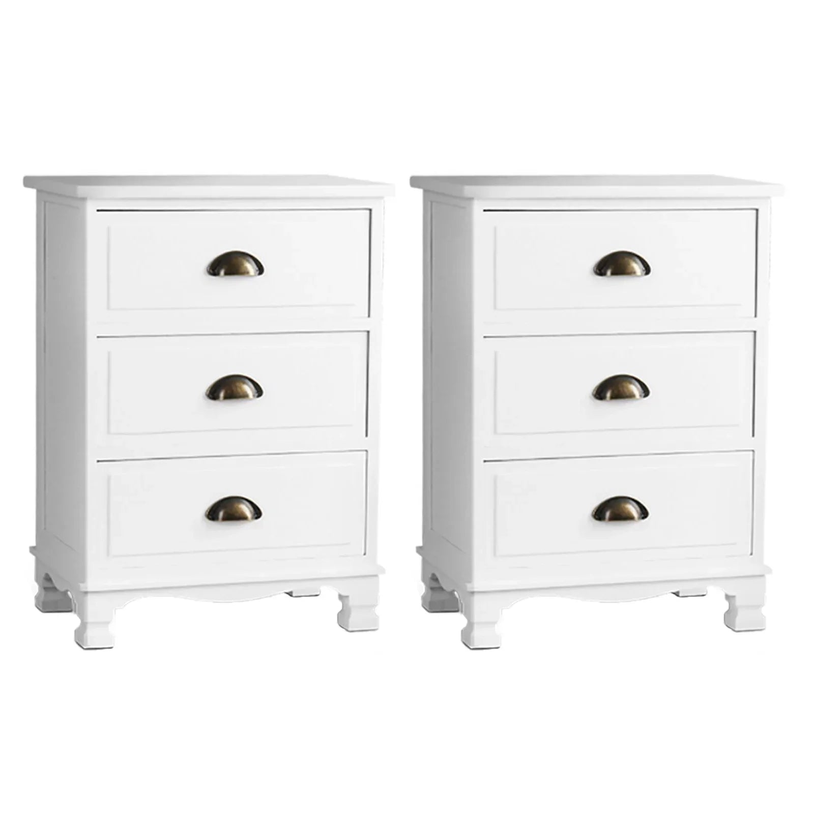 Pair of white three-drawer nightstands with brass cup handles on white background